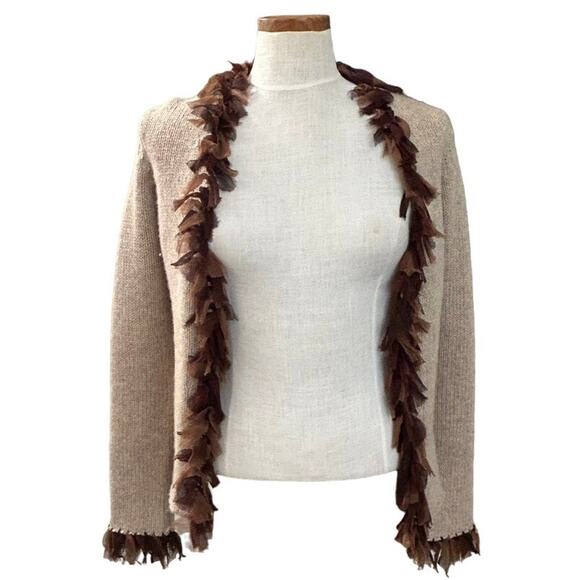 Boden Lambswool Fringe Knit Cardigan Sweater S Beige Quiet Luxury Fall Designer - Picture 2 of 13